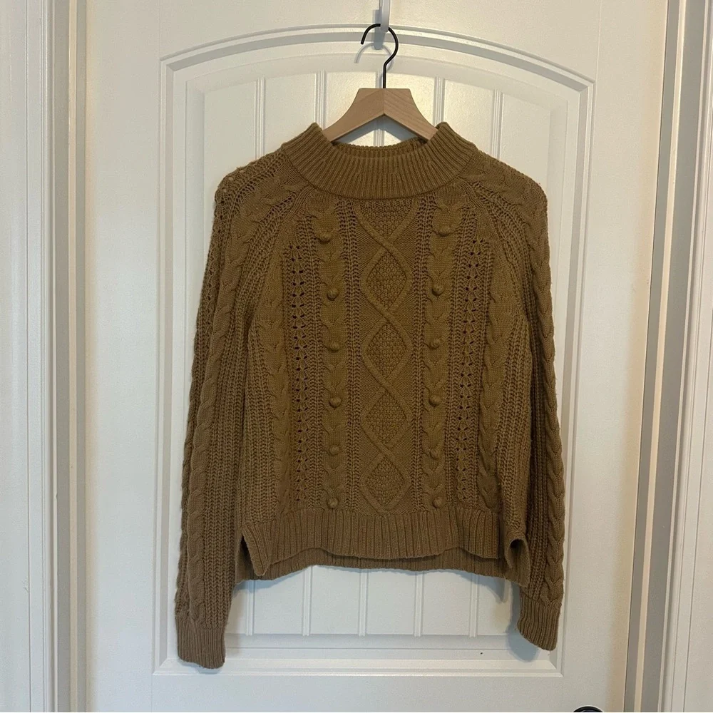 J. Crew Sweater Pom Pom Cable Knit Brown Wool Fall Casual Minimalist Size Small